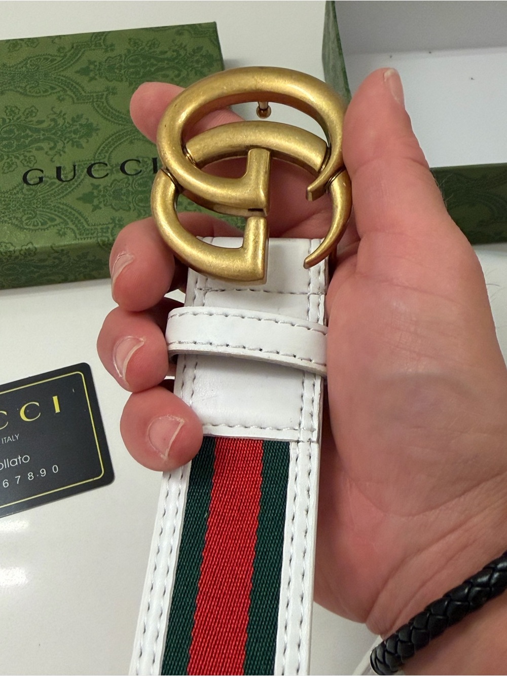 Gucci White Leather Green Red Web Interlocking GG Belt 80/32 Made in Italy - Picture 9 of 11